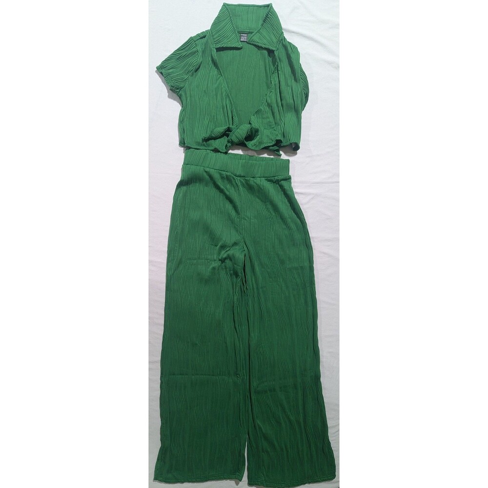SHEIN Green Textured Wrap Crop Top & Wide Leg Pants Set Size S/4